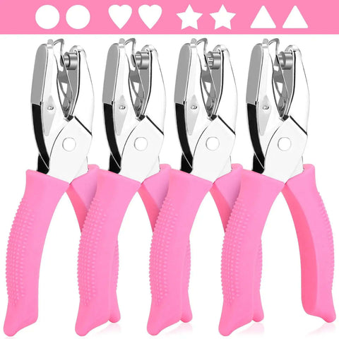 Four Piece 0.25 Inch Hole Punch Set With Circle Heart Star Triangle Shapes Soft Handles For Crafts Scrapbooking Binders And Classroom Use