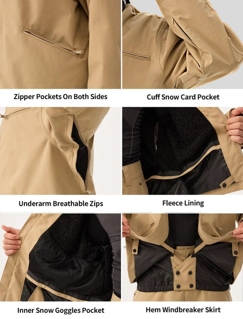 Unisex Waterproof Snow Ski Jacket With Fleece Lining Warm Insulated Winter Coat showing pockets, zippers, and fleece lining details.
