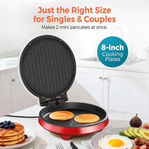 Cachoo 3-in-1 Electric Griddle And Sandwich Maker With Nonstick Coating and On Off Switch Foldable Design For Grilled Cheese Eggs Breakfast Cooking At Home Quick Easy Meal Prep, showing 8-inch cooking plates with mini pancakes.