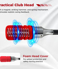 Click Stick Golf Swing Trainer With Audible Feedback, showing practical club head with red foam cover and spring mechanism.