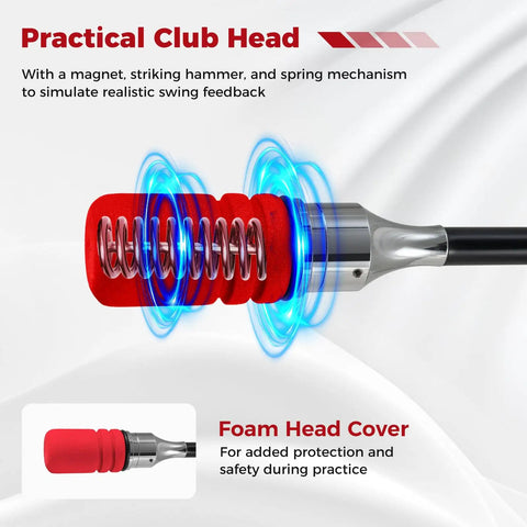 Click Stick Golf Swing Trainer With Audible Feedback, showing practical club head with red foam cover and spring mechanism.