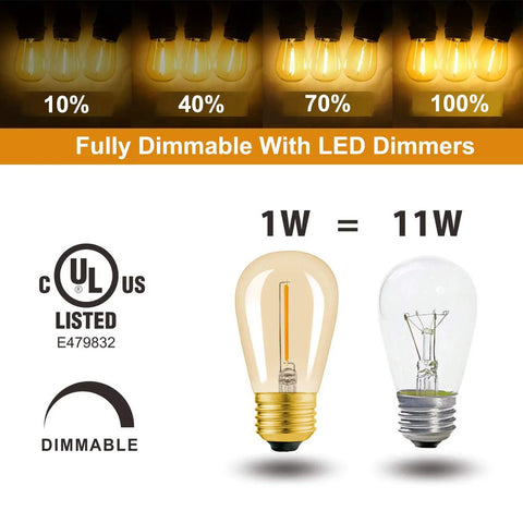 25 Pack S14 String Light Bulbs Replacement, Amber 2200K LED Filament Bulbs for Outdoor String Lights, dimmable with dimmers