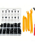 240 Piece Car Retainer Clips Kit With Remover Tool, black fasteners in open case with yellow and red tools