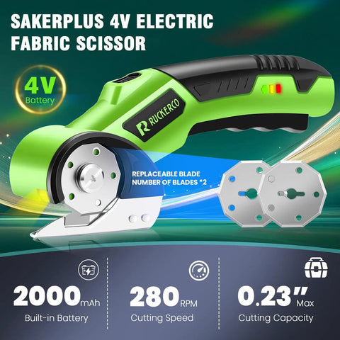 Cordless Electric Scissors Box Cutter With Two Rotary Blades 4V Rechargeable Cardboard Cutter USB Charge Safety Lock Storage Box Fabric Scissor For Plastic Carpet Leather DIY Crafts, green 4V fabric scissor with replaceable blades