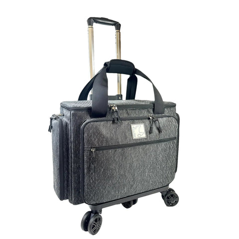 Rolling Sewing Machine Bag With Five 360 Degree Rotating Wheels And Hard Bottom Pad, gray nylon, front view, extended handle.