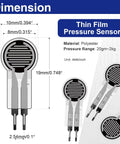 Front view of four round thin-film pressure sensors, 0.4 mm thick, 20 g-2 kg range; exposed metal leads.