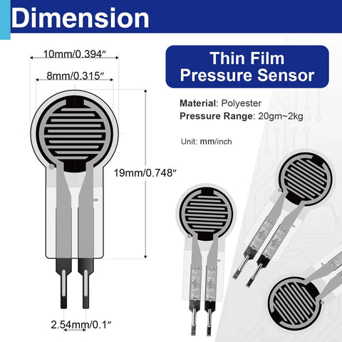 Front view of four round thin-film pressure sensors, 0.4 mm thick, 20 g-2 kg range; exposed metal leads.