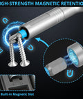 Magnetic Ratchet Screwdriver Set With 50-In-1 Bits showing magnetic retention with screws and magnetic slot detail.