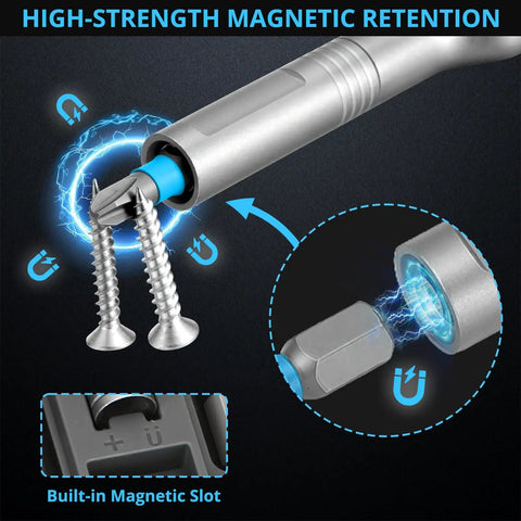 Magnetic Ratchet Screwdriver Set With 50-In-1 Bits showing magnetic retention with screws and magnetic slot detail.