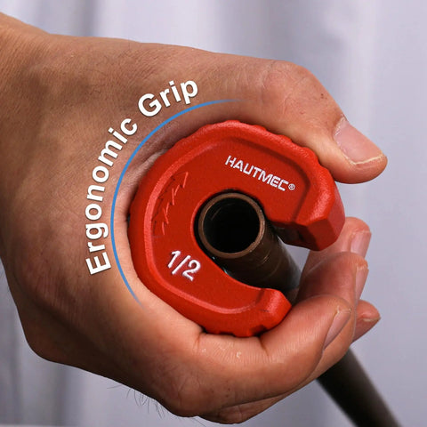 Pro Half Inch Automatic Copper Tube Cutter From HAUTMEC For Copper Aluminum Brass Tubing And Thin Wall Conduit With Half Inch Nominal Pipe Capacity Delivers Smooth Burr Free Cuts And Easy In Tight Spaces HT0215PL shown in use, ergonomic grip visible.