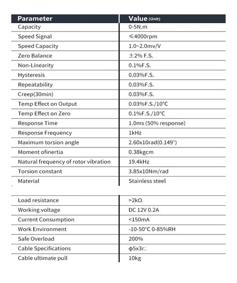 Specifications for Small Range Non-Contact Rotating Torque Sensor And Transducer 0-0.1 N.m Real Time Torque Data for Motors Gearboxes