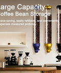 Keep It Fresh Wall Mount Coffee Bean Dispenser With Clear Acrylic Face And Aluminum Twist Lock Commercial Grade Dry Food Canister Real Deal For Cafe Shop Or Home Bar Blue Two Pack Set hanging on wall with coffee beans visible inside.