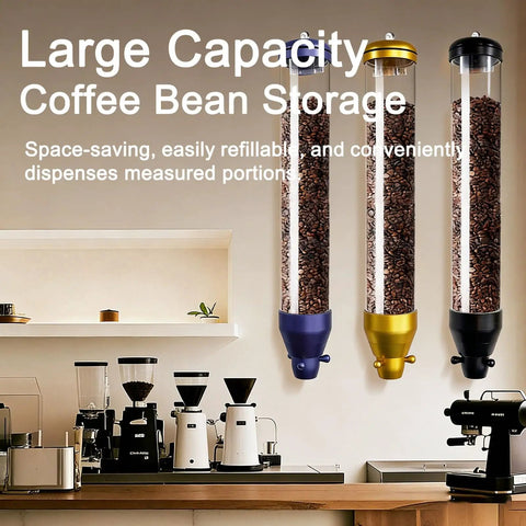 Wall Mounted Coffee Bean Dispenser Game Changer Hella Spacious Airtight Storage Jar With Clear View Real Deal Heavy Duty Aluminum Seal Fresh Bean Stash Perfect For Cafe Or Home Kitchen Orange Two Pack with coffee beans visible in clear containers.