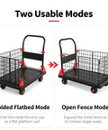 2in1 Foldable Wire Mesh Platform Cart With 400 Lb Capacity, Convertible Hand Truck To Enclosed Trolley, Heavy Duty Dolly For Warehouse Move, 72 By 48 Cm, 4 Inch Silent TPR Brake Casters, Black, foldable and open fence modes