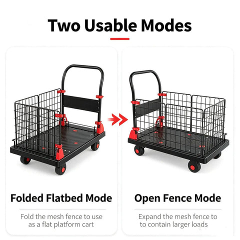 2in1 Foldable Wire Mesh Platform Cart With 400 Lb Capacity, Convertible Hand Truck To Enclosed Trolley, Heavy Duty Dolly For Warehouse Move, 72 By 48 Cm, 4 Inch Silent TPR Brake Casters, Black, foldable and open fence modes