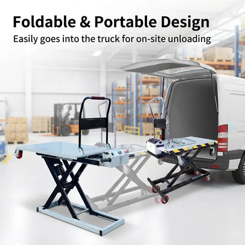 Slick Foldable Hydraulic Lift Cart And Portable Flatbed Truck Effortlessly Haul Heavy Loads Without The Sweat Compact design for truck loading.