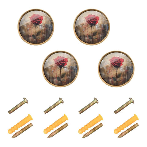 4 Pack Cabinet And Furniture Knobs Featuring Slick Vintage Red Rose Floral Design With Nifty Gold Hardware, includes screws and anchors.