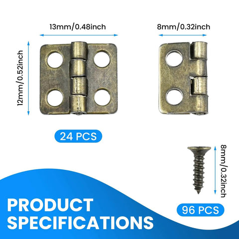 24 Pack Mini Antique Bronze Hinges 13x12mm 180 Degree Rotation With 96 Mounting Nails, product size and specifications