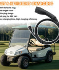 Rugged Golf Cart Charging Power Cord Straight Up Reliable 120 Volt 3 Pin Replacement Charge Cable Assembly For Evolution Icon Ev Models on golf course, showing 10ft length and 120V plug.