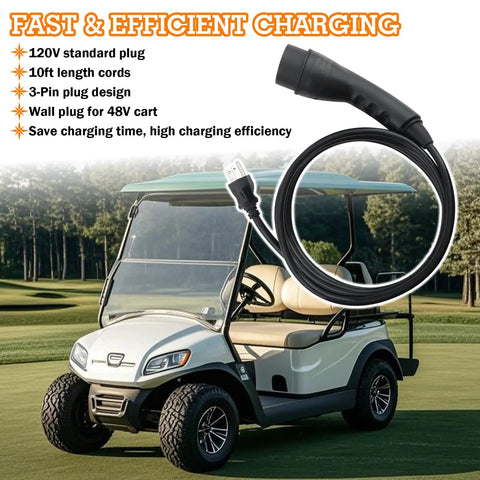 Rugged Golf Cart Charging Power Cord Straight Up Reliable 120 Volt 3 Pin Replacement Charge Cable Assembly For Evolution Icon Ev Models on golf course, showing 10ft length and 120V plug.