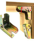 Four Pack Rock Solid Folding Brackets With Self Locking Hinges And Angle Fittings For Table Legs attached to wooden surface with metal finish.