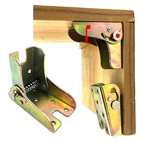 Four Pack Rock Solid Folding Brackets With Self Locking Hinges And Angle Fittings For Table Legs attached to wooden surface with metal finish.