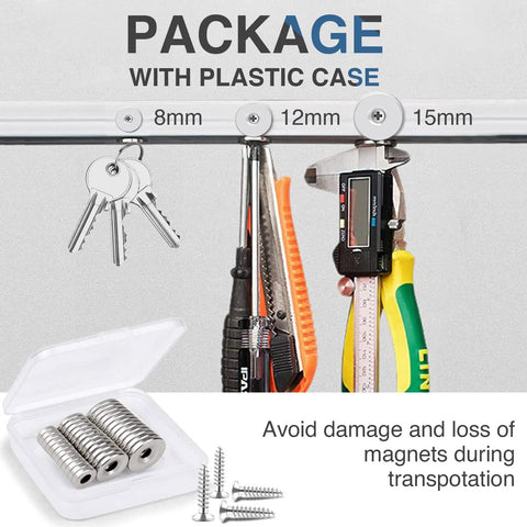 36 Piece Heavy Duty Neodymium Magnet Set With Holes In Three Sizes holding tools and keys with screws and plastic case included
