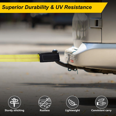 Two Pack 6 Foot by 2 Inch Lift Sling Straps for Construction, 10,000 Pound Capacity attached to vehicle hitch; UV resistant