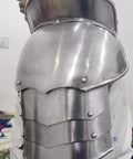 Side view of Iron Neck Plate Gorget With Pauldrons Gothic Spaulders Armor Set showing shoulder detail and silver finish.