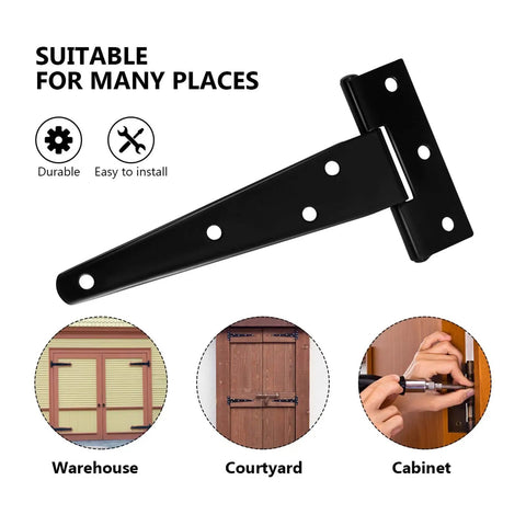 Beefed-Up Heavy Duty 6 By 5 Inch Black Rustproof Iron T Shaped Triangle Hinges for Shed Doors, Wood Fence, and Cabinets