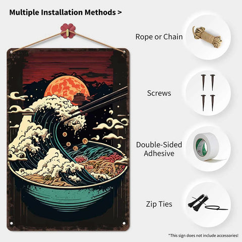 Ramen Bowl Sunset Wave Metal Tin Sign Wall Art 8x12 Inch Rustic Vintage Poster Durable Aluminum Decor with installation methods