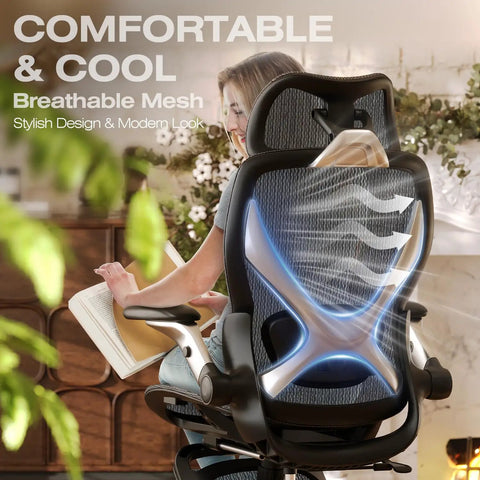 X100 Ergonomic Mesh Office Chair With Footrest For All Day Comfort In Home Office And Gaming, showing lumbar support and design