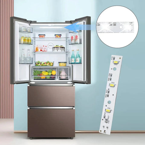 LED Light Board Replacement For GE Refrigerators No Hassle Install Bright And Even Lighting Includes Part Numbers WR55X26671 PS11767930 AP6035586 4468532 EAP11767930 LED3344588 Upgrade Your Fridge Lighting Today displayed next to open refrigerator showing bright interior lighting