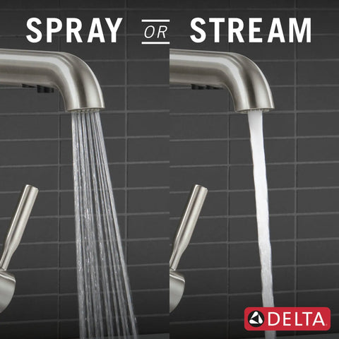 Straight Up Premium Brushed Nickel Kitchen Faucet With Sleek Pull Out Sprayer Single Handle Layout showing spray and stream functions.