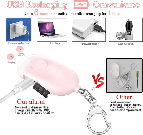 Rechargeable 130dB Personal Safety Alarm With LED Flashlight And Vibration Sensor On A Keychain For Women Men Girls Teens Students And Elderly Black Self Defense Anti Theft Anti Robbery Emergency Safety Device USB charging, pink