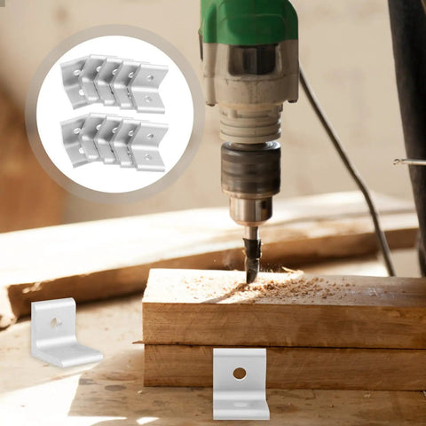 Top Shelf Aluminum Extrusion Corner Braces And L Bracket Connectors with drill drilling wood for installation.