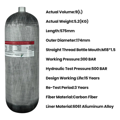 Go-To 4500 Psi Scuba Tank With 9L Carbon Fiber Construction, CE EN Certified Dive Tank With Valve Regulator, product specs visible