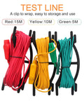 Three test lines in red, yellow, and green clipped on holders, lengths labeled 15m, 10m, 5m, for Earth Resistance Tester With 3 Resistance Ranges 20 Ohms, 200 Ohms, And 2000 Ohms, Digital Grounding Meter Up To 750 Volts AC, Backlit LCD, Data Hold, High Precision For Pros And DIY
