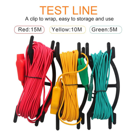 Three test lines in red, yellow, and green clipped on holders, lengths labeled 15m, 10m, 5m, for Earth Resistance Tester With 3 Resistance Ranges 20 Ohms, 200 Ohms, And 2000 Ohms, Digital Grounding Meter Up To 750 Volts AC, Backlit LCD, Data Hold, High Precision For Pros And DIY