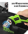 Powerhouse Cordless Electric Scissors With Rechargeable 4 Point 2V Battery And Self Sharpening Rotary Blades cutting through material at 320 RPM.