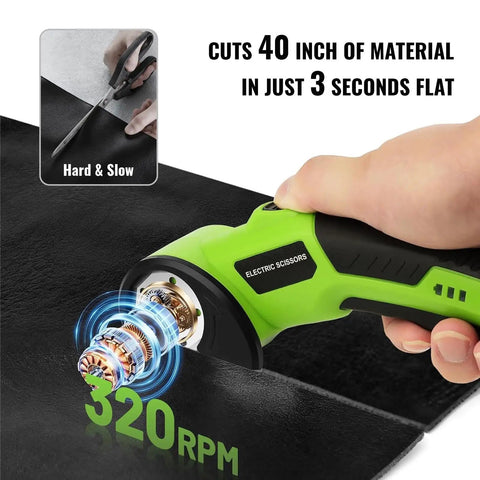 Powerhouse Cordless Electric Scissors With Rechargeable 4 Point 2V Battery And Self Sharpening Rotary Blades cutting through material at 320 RPM.