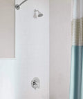 Colony Pro Valve Trim Kit With Ceramic Cartridge Polished Chrome Finish Metal Handle And Escutcheon Plate installed in shower