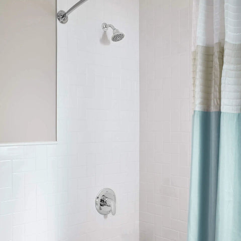 Colony Pro Valve Trim Kit With Ceramic Cartridge Polished Chrome Finish Metal Handle And Escutcheon Plate installed in shower