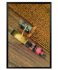 Dope Harvest Scene Black Framed Canvas Wall Art 16x24 Inches with golden cornfield and machinery silhouette, vertical orientation