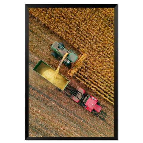 Golden Harvest Cornfield Wall Art With Black Frame Canvas Print Of A Harvesting Combine In Action Dope Farmhouse Vibes For Bedroom Living Room Kitchen Bathroom 8x12 Inches, aerial view of tractor in cornfield