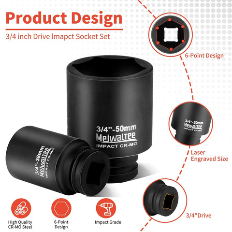 Half Inch Drive Deep Impact Socket Set, 20-Piece Metric Socket Kit From 10mm To 24mm With 3, 5, And 10 Inch Extension Bars, Chrome Molybdenum Steel With Black Phosphate Coating, Heavy Duty Impact Grade shown in 3/4 inch 6-point design