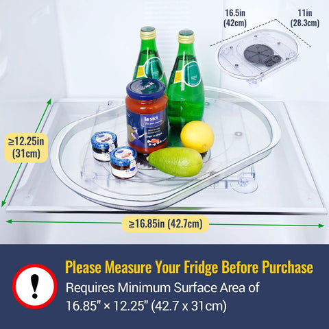 Refrigerator Lazy Susan Turntable Organizer 16.5 By 11 By 1.85 Inches Clear Plastic Tray With Suction Cups showing measurement guide