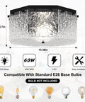 Hexagonal glass ceiling light fixture with E26 base compatibility, 13.38-inch width, 5.7-inch height, for modern home design.