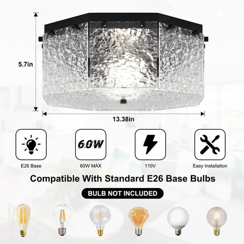 Hexagonal glass ceiling light fixture with E26 base compatibility, 13.38-inch width, 5.7-inch height, for modern home design.