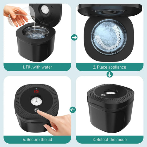Steps to use Ultrasonic Retainer Cleaner With UV Lights 45kHz Deep Cleaning Pod showing filling, placing, selecting, and securing.